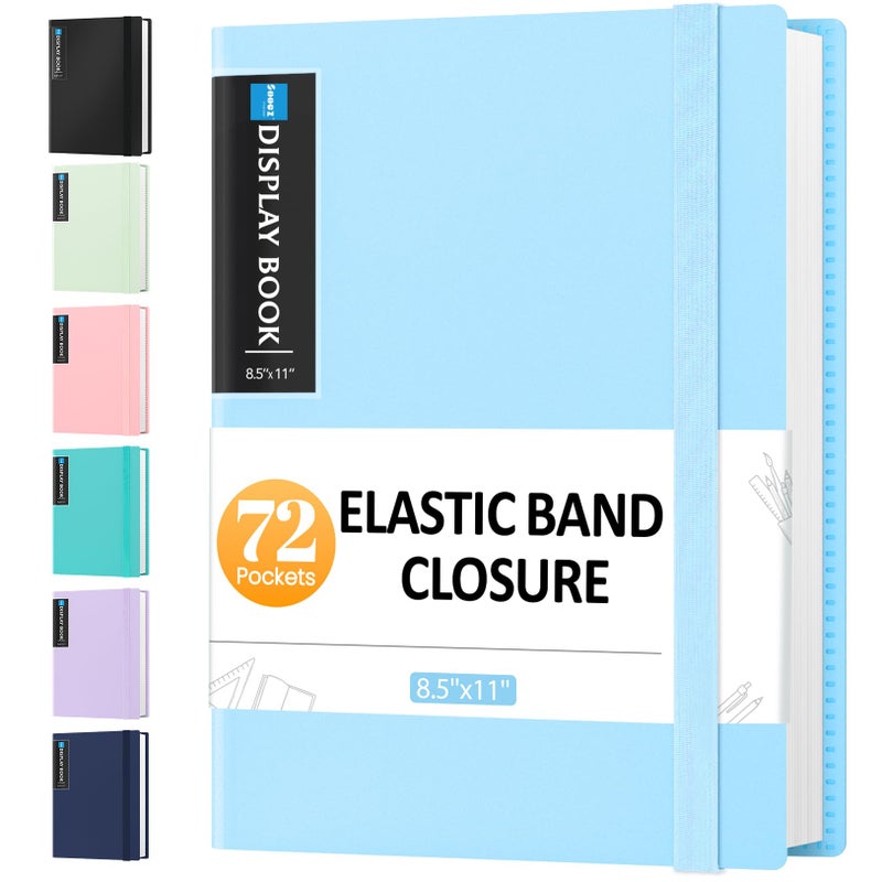 سويز حافظة Sooez تحتوي على 72 جيبًا بأكمام بلاستيكية وشريط مطاطي، سعة كبيرة 8.5x11 عرض كتاب العرض 144 صفحة، مجلد مستندات محفظة فنية مع واقيات أوراق شفافة للمدرسة المكتبية - Image 1